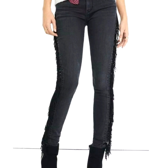 Express Black Fringe Mid-Rise Jean Leggings - Picture 2 of 2